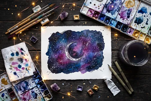 Watercolor Galaxy and Crescent Moon Flat Lay