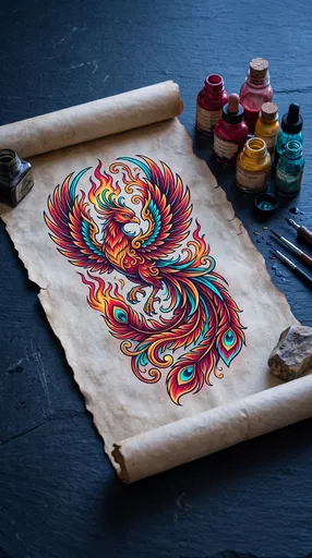 Colorful Phoenix Tattoo Design on Parchment Scroll