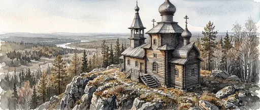 Watercolor Wooden Chapel in Siberian Wilderness