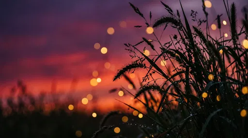 Silhouetted Meadow Grass Against Purple Sunset Sky