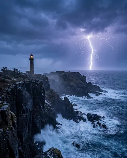 Lighthouse on Cliffs During Ocean Lightning Storm