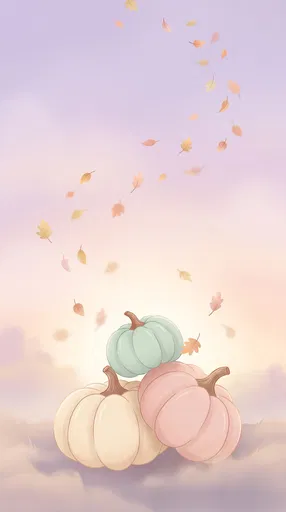 Pastel Pumpkins With Floating Autumn Leaves