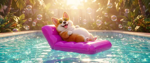 Cartoon Corgi Relaxing on Pool Float