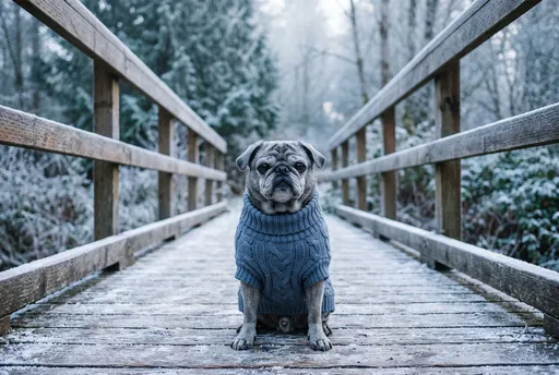 Silver Pug on Frosted Winter Footbridge