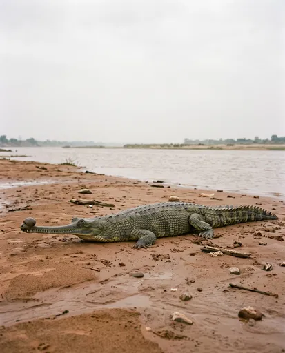 Male Gharial Resting on River Sandbank