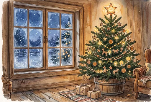 Watercolor Rustic Christmas Tree by Window