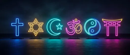 Glowing Neon Religious Symbols at Night