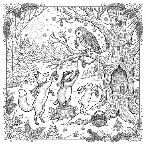 Woodland Animals Decorating Christmas Tree Coloring Page