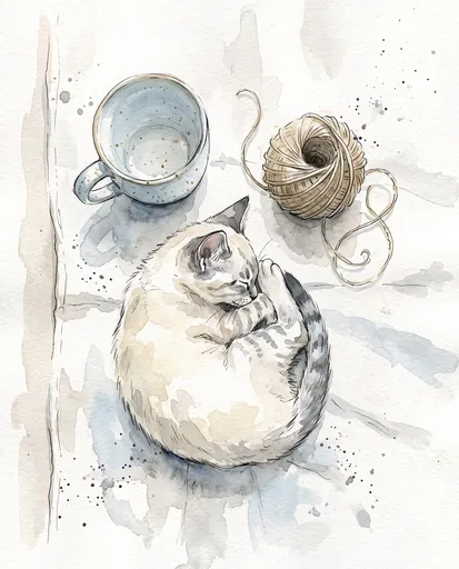 Watercolor Sleeping Kitten With Mug and Twine
