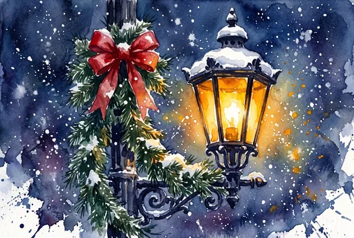 Watercolor Christmas Streetlamp in Falling Snow