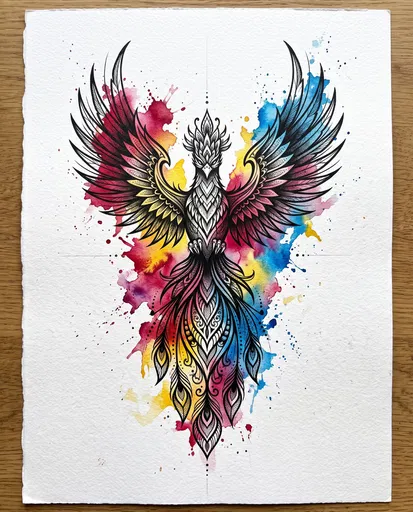 Watercolor and Ink Phoenix Tattoo Design
