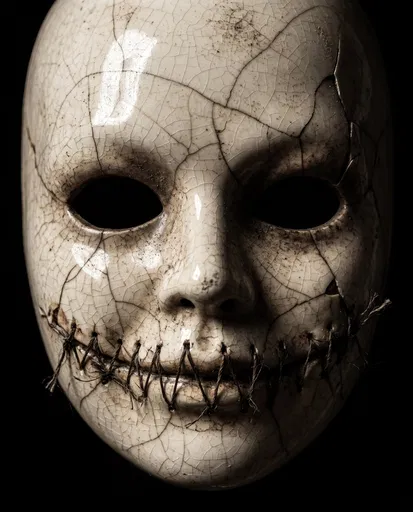 Cracked Porcelain Mask With Stitched Mouth