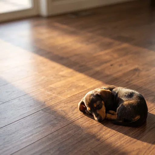 Sleeping Dachshund Puppy on Sunlit Wood Floor