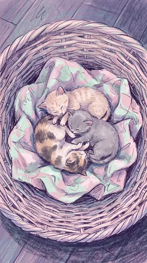Three Kittens Sleeping in Woven Basket