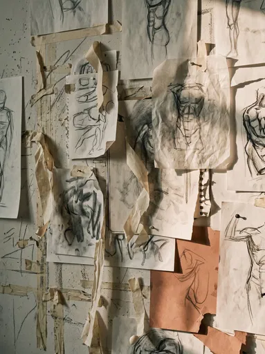 Charcoal Sketches Pinned to Sunlit Studio Wall