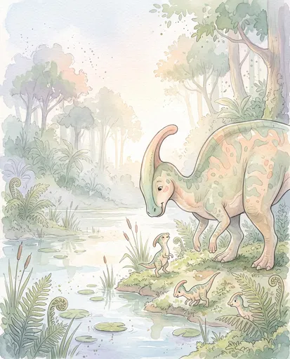 Watercolor Mother Parasaurolophus and Hatchlings