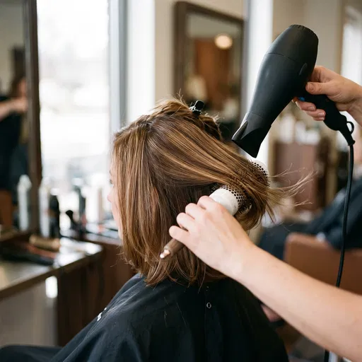 Stylist Blow Drying Bob Haircut in Salon