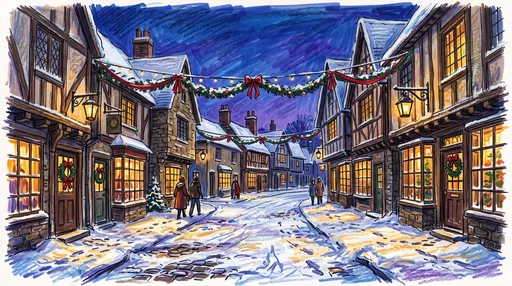 Festive Winter Village Lane Marker Illustration