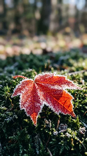 Frosted Red Maple Leaf on Green Moss