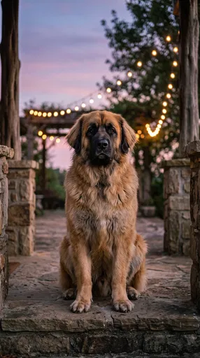 Leonberger Dog Sitting on Stone Porch at Twilight
