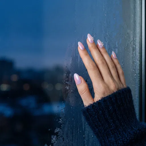 Iridescent Winter Manicure on Frosted Window