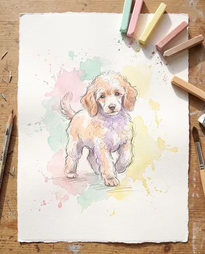 Pastel Watercolor Poodle Puppy Sketch Flat Lay