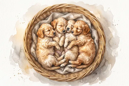 Watercolor Sleeping Golden Puppies in Basket