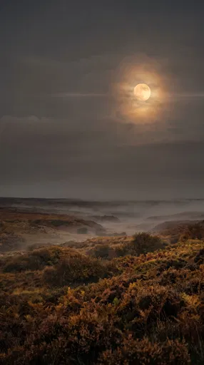 Amber Full Moon Over Misty Moorland