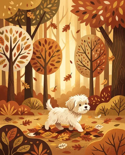 Maltese Puppy in Autumn Park Illustration
