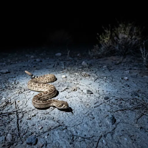 Rattlesnake Illuminated on Desert Floor at Night