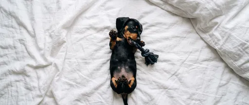 Dachshund Puppy Chewing Rope on Bed