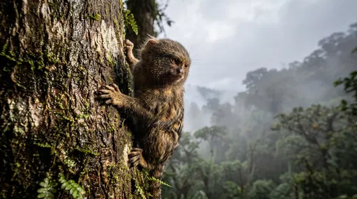 Pygmy Marmoset on Misty Forest Tree