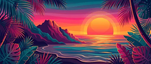 Tropical Island Sunset Vector Illustration