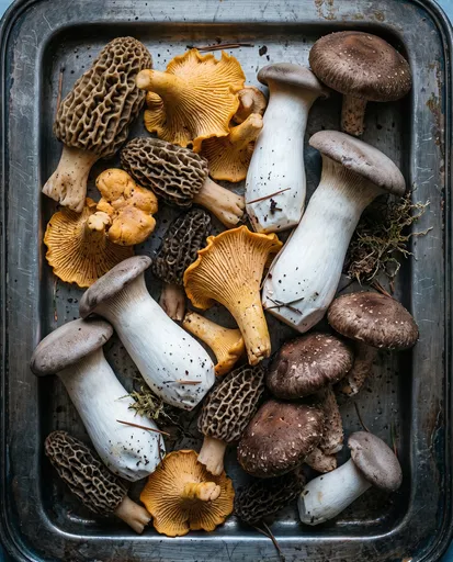 Assorted Wild Mushrooms on Pewter Tray
