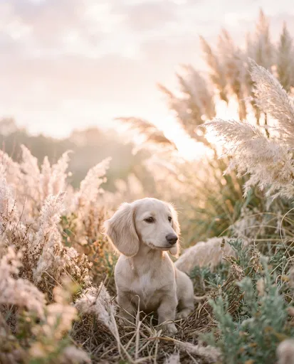 Cream Dachshund Puppy in Pampas Grass