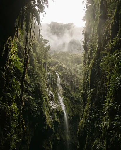 Misty Canyon Waterfall and Mossy Cliffs