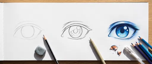Three-Stage Anime Eye Drawing Progression Flat Lay