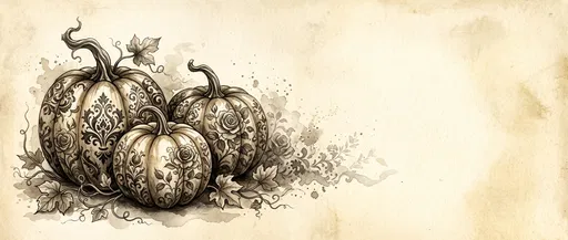 Sepia Watercolor Pumpkins With Damask Patterns