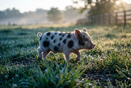 Spotted Piglet in Dewy Morning Pasture