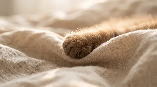 Brown Kitten Paw Resting on Linen Blanket