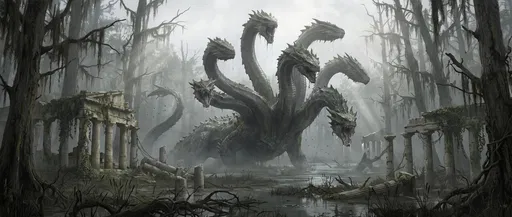 Seven-Headed Hydra in Misty Swamp Ruins