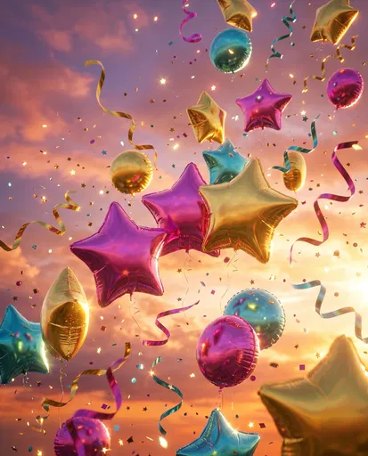 Metallic Foil Balloons Rising at Sunset