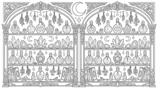 Ornate Apothecary Shelf Line Art