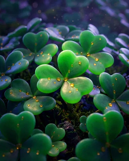 Glossy 3D Shamrocks with Golden Droplets