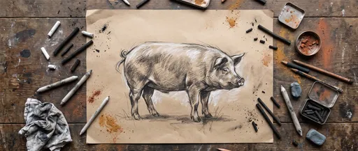 Charcoal Pig Sketch on Artist Workbench