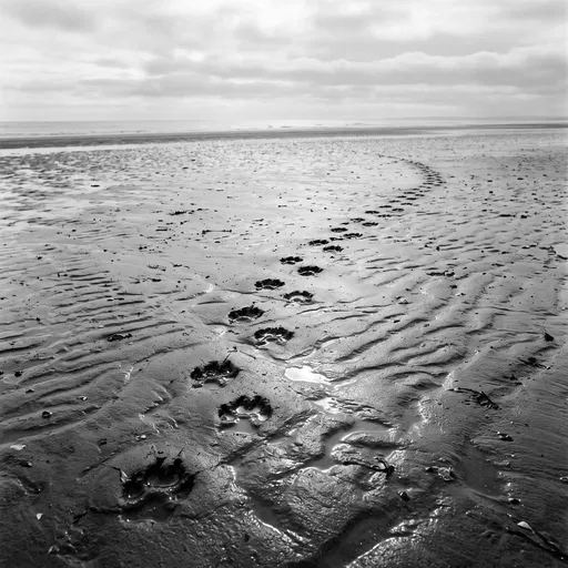 Monochrome Dog Paw Prints on Wet Beach