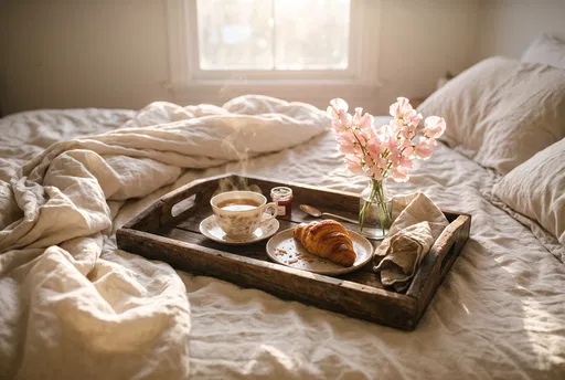 Rustic Breakfast Tray on Linen Bed