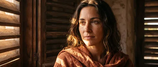 Woman Near Wooden Window Shutters in Sunlight
