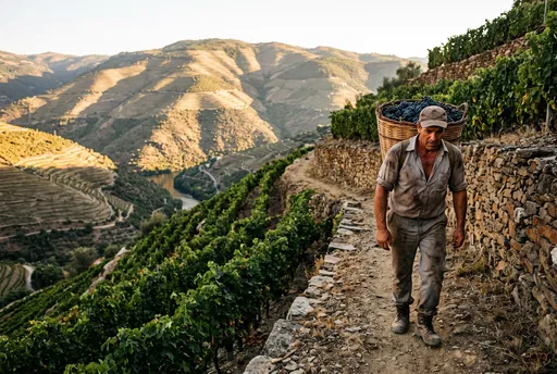 Vineyard Worker Carrying Grapes on Terrace