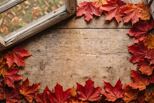 Rustic Wooden Surface Framed by Autumn Leaves